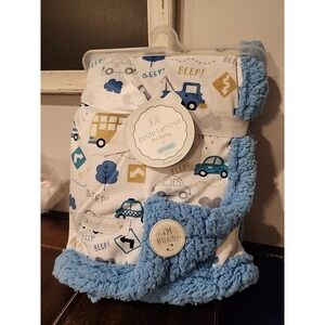 Petite L'Amour Soft Baby Blanket Blue White & Cars Reversible Sherpa 30x40 Boys